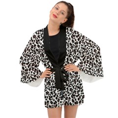 Leopard Spots, White, Brown Black, Animal Fur Print Long Sleeve Kimono by Casemiro