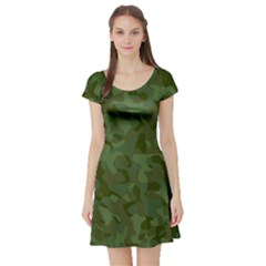 Green Army Camouflage Pattern Short Sleeve Skater Dress by SpinnyChairDesigns