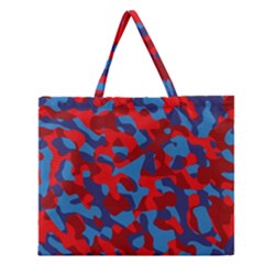 Red And Blue Camouflage Pattern Zipper Large Tote Bag by SpinnyChairDesigns