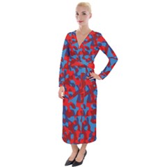 Red And Blue Camouflage Pattern Velvet Maxi Wrap Dress by SpinnyChairDesigns