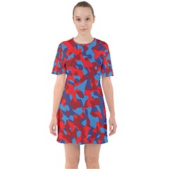 Red And Blue Camouflage Pattern Sixties Short Sleeve Mini Dress by SpinnyChairDesigns