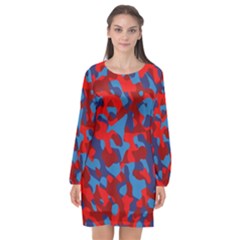 Red And Blue Camouflage Pattern Long Sleeve Chiffon Shift Dress  by SpinnyChairDesigns