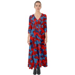 Red And Blue Camouflage Pattern Button Up Boho Maxi Dress by SpinnyChairDesigns