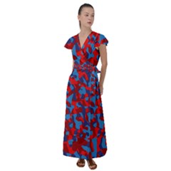 Red And Blue Camouflage Pattern Flutter Sleeve Maxi Dress by SpinnyChairDesigns