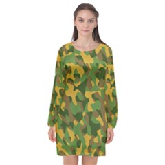 Yellow Green Brown Camouflage Long Sleeve Chiffon Shift Dress  by SpinnyChairDesigns