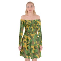 Yellow Green Brown Camouflage Off Shoulder Skater Dress by SpinnyChairDesigns