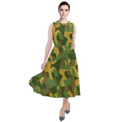 Yellow Green Brown Camouflage Round Neck Boho Dress by SpinnyChairDesigns