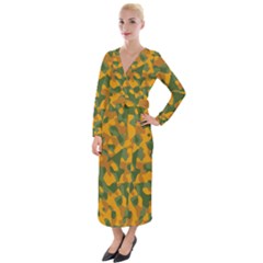 Green And Orange Camouflage Pattern Velvet Maxi Wrap Dress by SpinnyChairDesigns