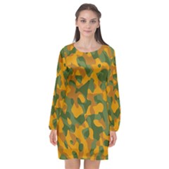 Green And Orange Camouflage Pattern Long Sleeve Chiffon Shift Dress  by SpinnyChairDesigns