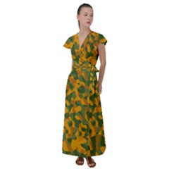 Green And Orange Camouflage Pattern Flutter Sleeve Maxi Dress by SpinnyChairDesigns