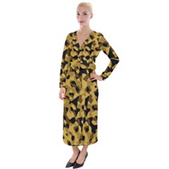 Black Yellow Brown Camouflage Pattern Velvet Maxi Wrap Dress by SpinnyChairDesigns