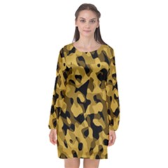 Black Yellow Brown Camouflage Pattern Long Sleeve Chiffon Shift Dress  by SpinnyChairDesigns