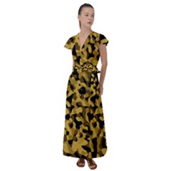 Black Yellow Brown Camouflage Pattern Flutter Sleeve Maxi Dress by SpinnyChairDesigns