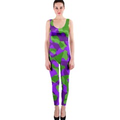 Purple And Green Camouflage One Piece Catsuit by SpinnyChairDesigns