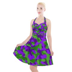 Purple And Green Camouflage Halter Party Swing Dress  by SpinnyChairDesigns