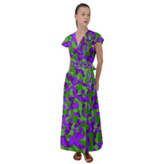 Purple And Green Camouflage Flutter Sleeve Maxi Dress by SpinnyChairDesigns