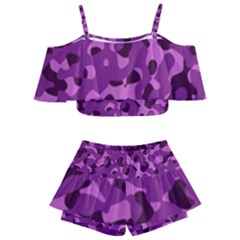 Dark Purple Camouflage Pattern Kids  Off Shoulder Skirt Bikini by SpinnyChairDesigns