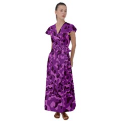 Dark Purple Camouflage Pattern Flutter Sleeve Maxi Dress by SpinnyChairDesigns