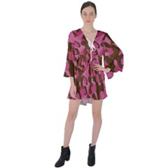 Pink And Brown Camouflage V-neck Flare Sleeve Mini Dress by SpinnyChairDesigns