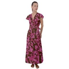 Pink And Brown Camouflage Flutter Sleeve Maxi Dress by SpinnyChairDesigns