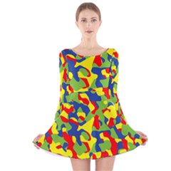 Colorful Rainbow Camouflage Pattern Long Sleeve Velvet Skater Dress by SpinnyChairDesigns