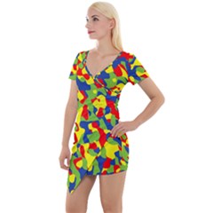 Colorful Rainbow Camouflage Pattern Short Sleeve Asymmetric Mini Dress by SpinnyChairDesigns