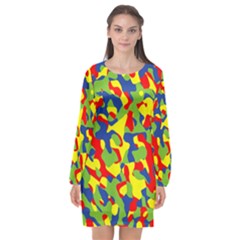 Colorful Rainbow Camouflage Pattern Long Sleeve Chiffon Shift Dress  by SpinnyChairDesigns