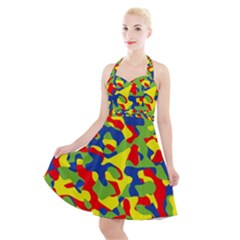 Colorful Rainbow Camouflage Pattern Halter Party Swing Dress  by SpinnyChairDesigns