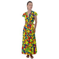 Colorful Rainbow Camouflage Pattern Flutter Sleeve Maxi Dress by SpinnyChairDesigns