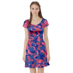 Blue And Pink Camouflage Pattern Short Sleeve Skater Dress by SpinnyChairDesigns