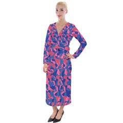 Blue And Pink Camouflage Pattern Velvet Maxi Wrap Dress by SpinnyChairDesigns