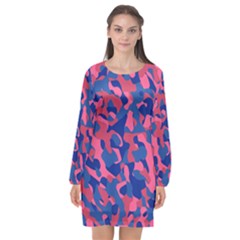 Blue And Pink Camouflage Pattern Long Sleeve Chiffon Shift Dress  by SpinnyChairDesigns