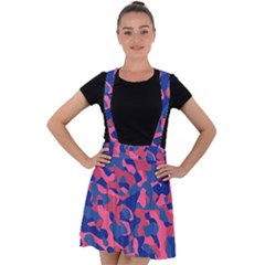 Blue And Pink Camouflage Pattern Velvet Suspender Skater Skirt by SpinnyChairDesigns