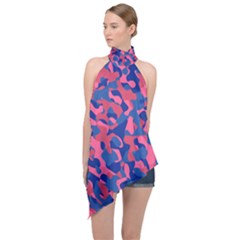 Blue And Pink Camouflage Pattern Halter Asymmetric Satin Top by SpinnyChairDesigns