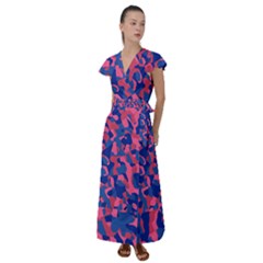 Blue And Pink Camouflage Pattern Flutter Sleeve Maxi Dress by SpinnyChairDesigns