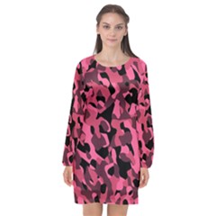 Black And Pink Camouflage Pattern Long Sleeve Chiffon Shift Dress  by SpinnyChairDesigns