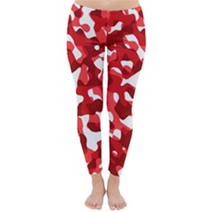 Red And White Camouflage Pattern Classic Winter Leggings by SpinnyChairDesigns