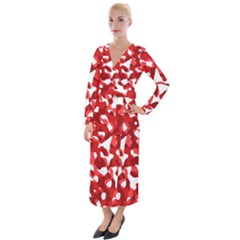 Red And White Camouflage Pattern Velvet Maxi Wrap Dress by SpinnyChairDesigns