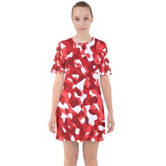 Red And White Camouflage Pattern Sixties Short Sleeve Mini Dress by SpinnyChairDesigns