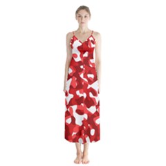 Red And White Camouflage Pattern Button Up Chiffon Maxi Dress by SpinnyChairDesigns