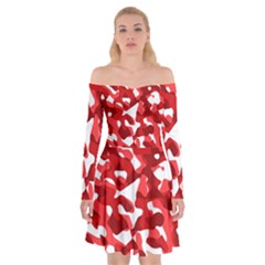 Red And White Camouflage Pattern Off Shoulder Skater Dress by SpinnyChairDesigns