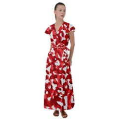 Red And White Camouflage Pattern Flutter Sleeve Maxi Dress by SpinnyChairDesigns