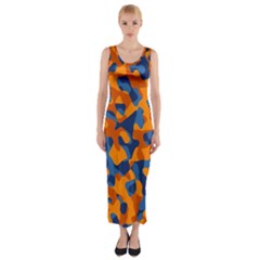 Blue And Orange Camouflage Pattern Fitted Maxi Dress by SpinnyChairDesigns