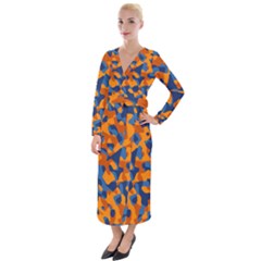 Blue And Orange Camouflage Pattern Velvet Maxi Wrap Dress by SpinnyChairDesigns