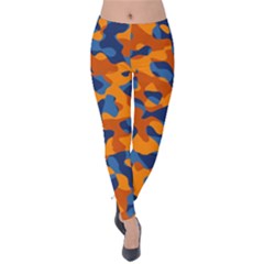 Blue And Orange Camouflage Pattern Velvet Leggings by SpinnyChairDesigns