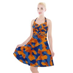 Blue And Orange Camouflage Pattern Halter Party Swing Dress  by SpinnyChairDesigns