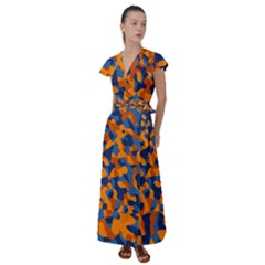 Blue And Orange Camouflage Pattern Flutter Sleeve Maxi Dress by SpinnyChairDesigns