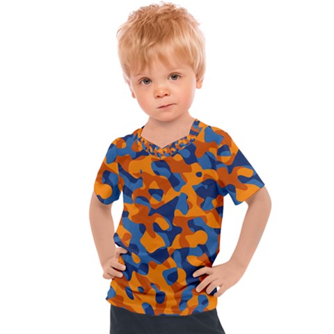 Blue And Orange Camouflage Pattern Kids  Sports Tee by SpinnyChairDesigns