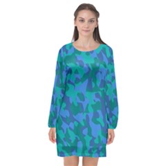 Blue Turquoise Teal Camouflage Pattern Long Sleeve Chiffon Shift Dress  by SpinnyChairDesigns