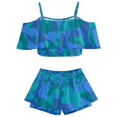 Blue Turquoise Teal Camouflage Pattern Kids  Off Shoulder Skirt Bikini by SpinnyChairDesigns